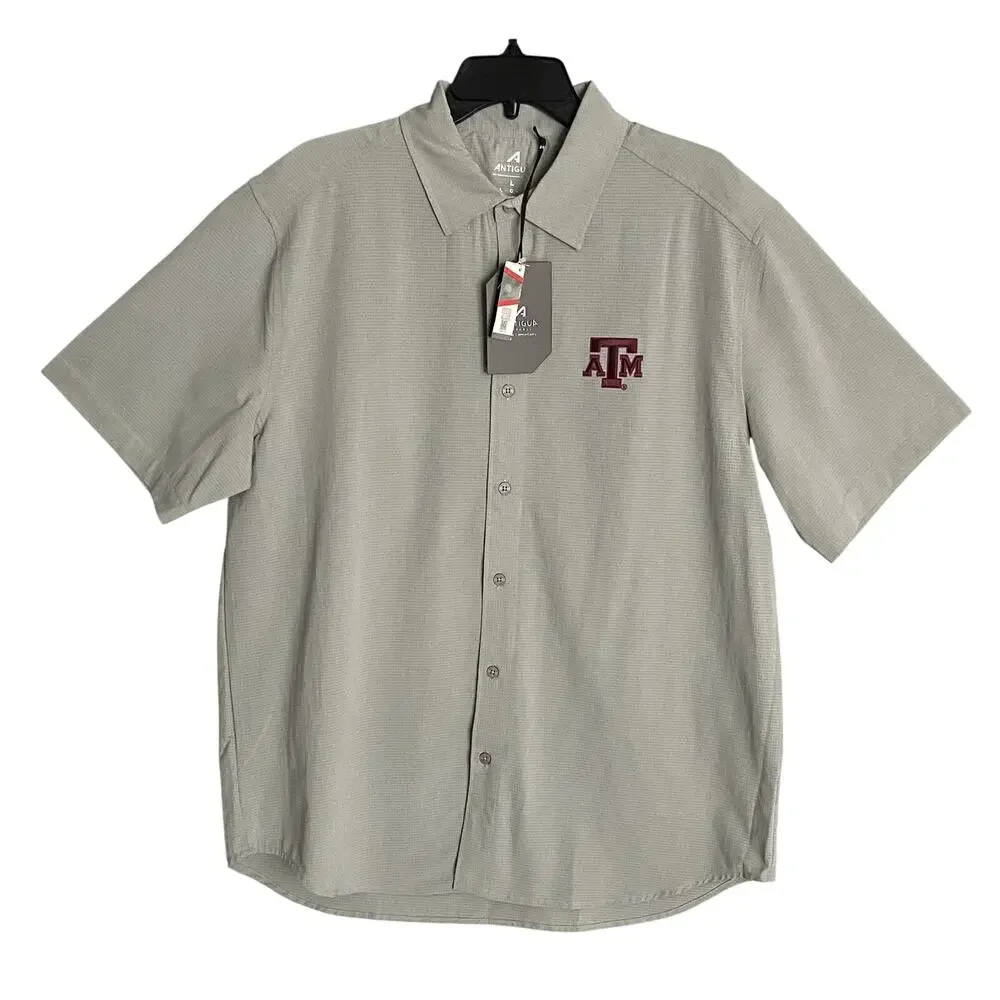 Antigua Texas A&M Shirt Activate Woven Short Sleeve Button-Up Shirt Gray NEW - Picture 2 of 14